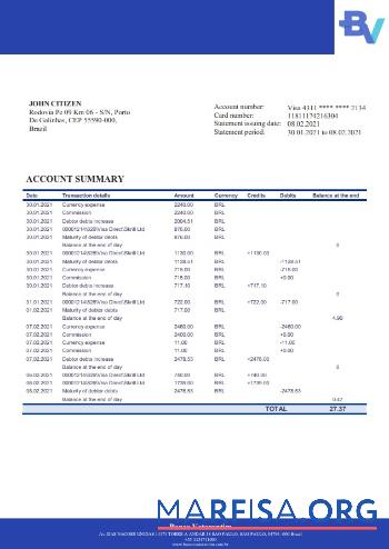 Printable Brazil Banco Votorantim bank statement download for verification